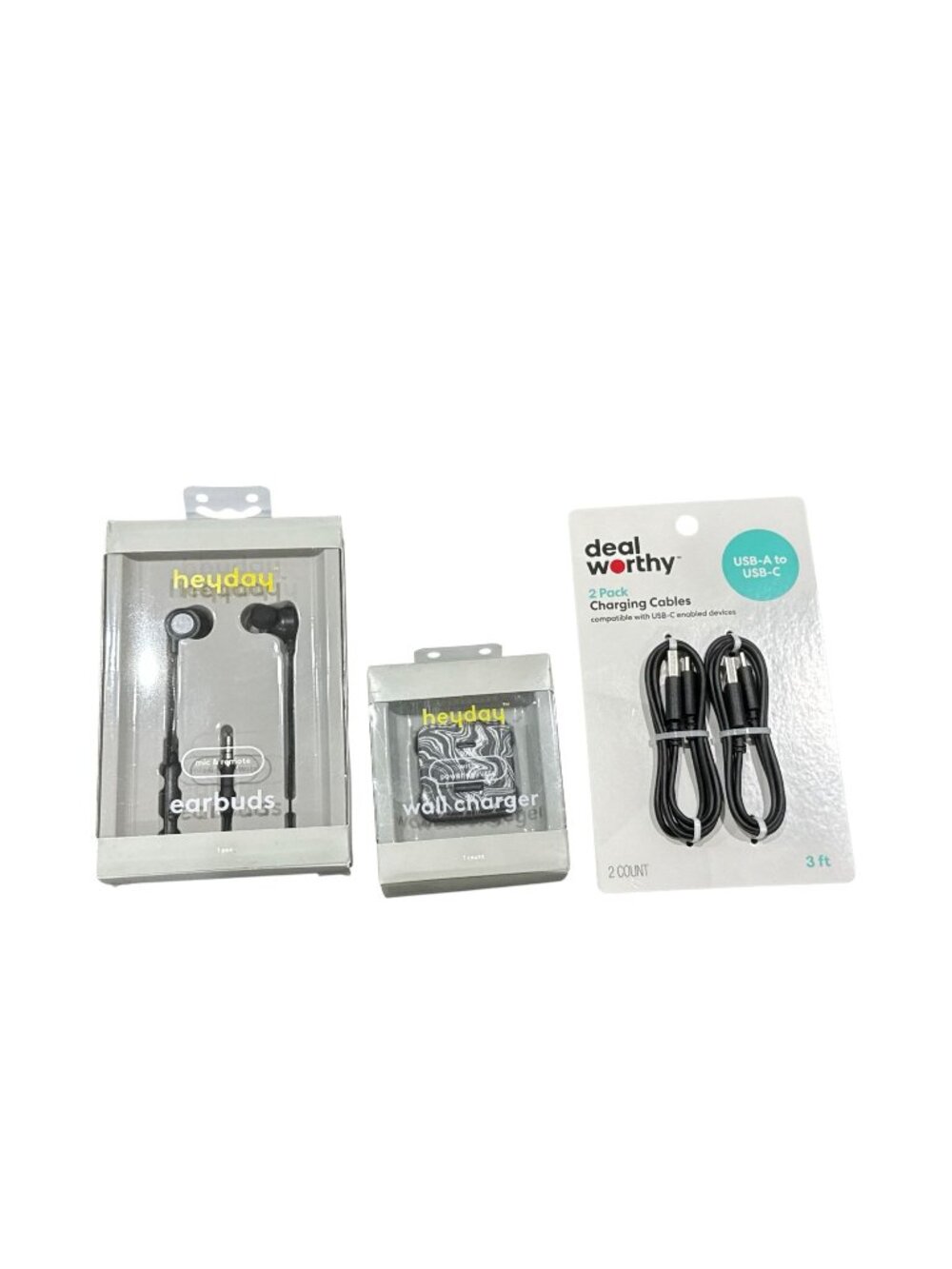 Heyday Earbuds, Wall Charger & Deal Worthy USB-C Cables Bundle Black 3 Items New